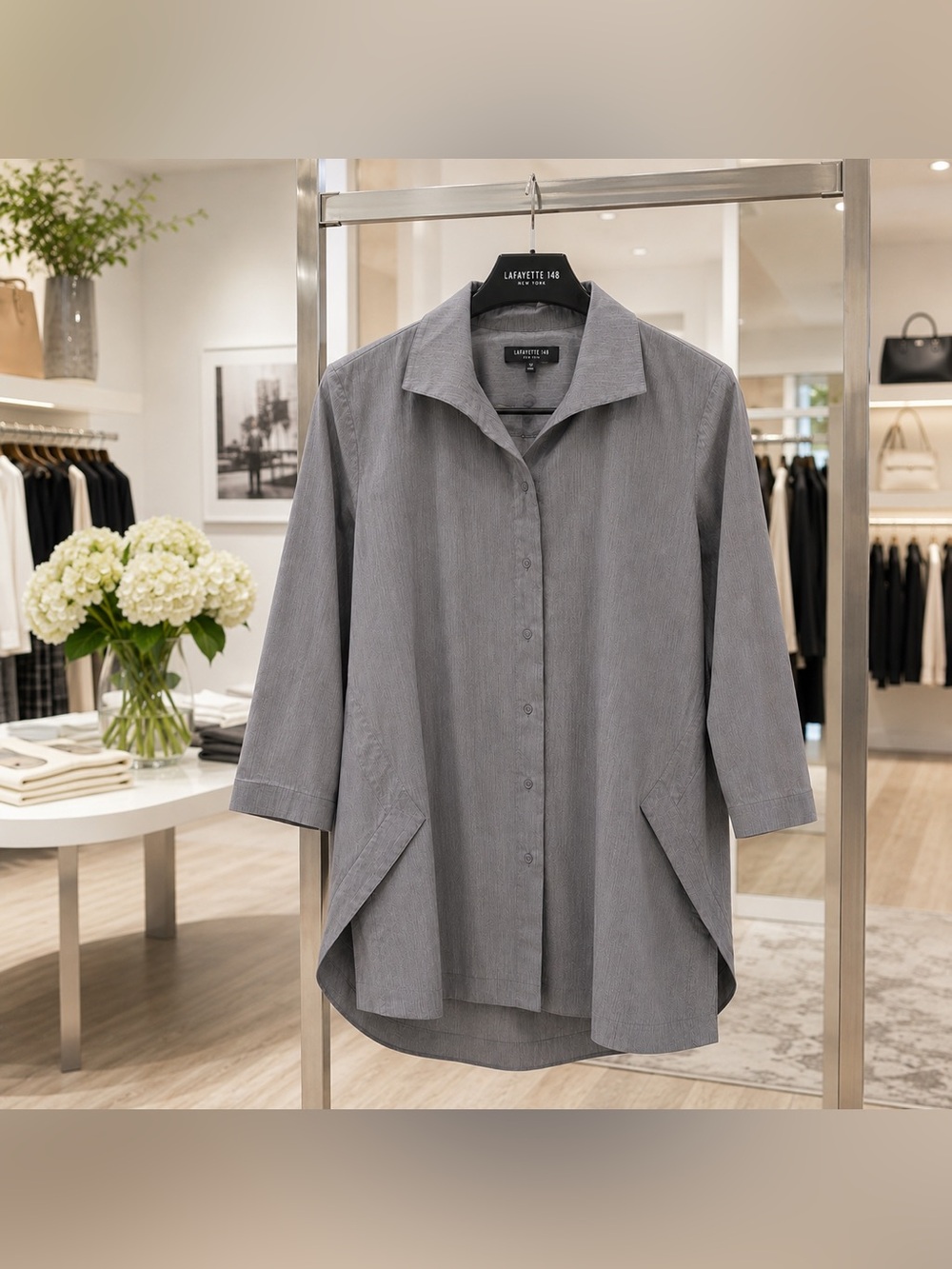 Lafayette 148 Gray Asymmetrical Stretch Cotton Tunic Blouse Size S - Picture 2 of 14